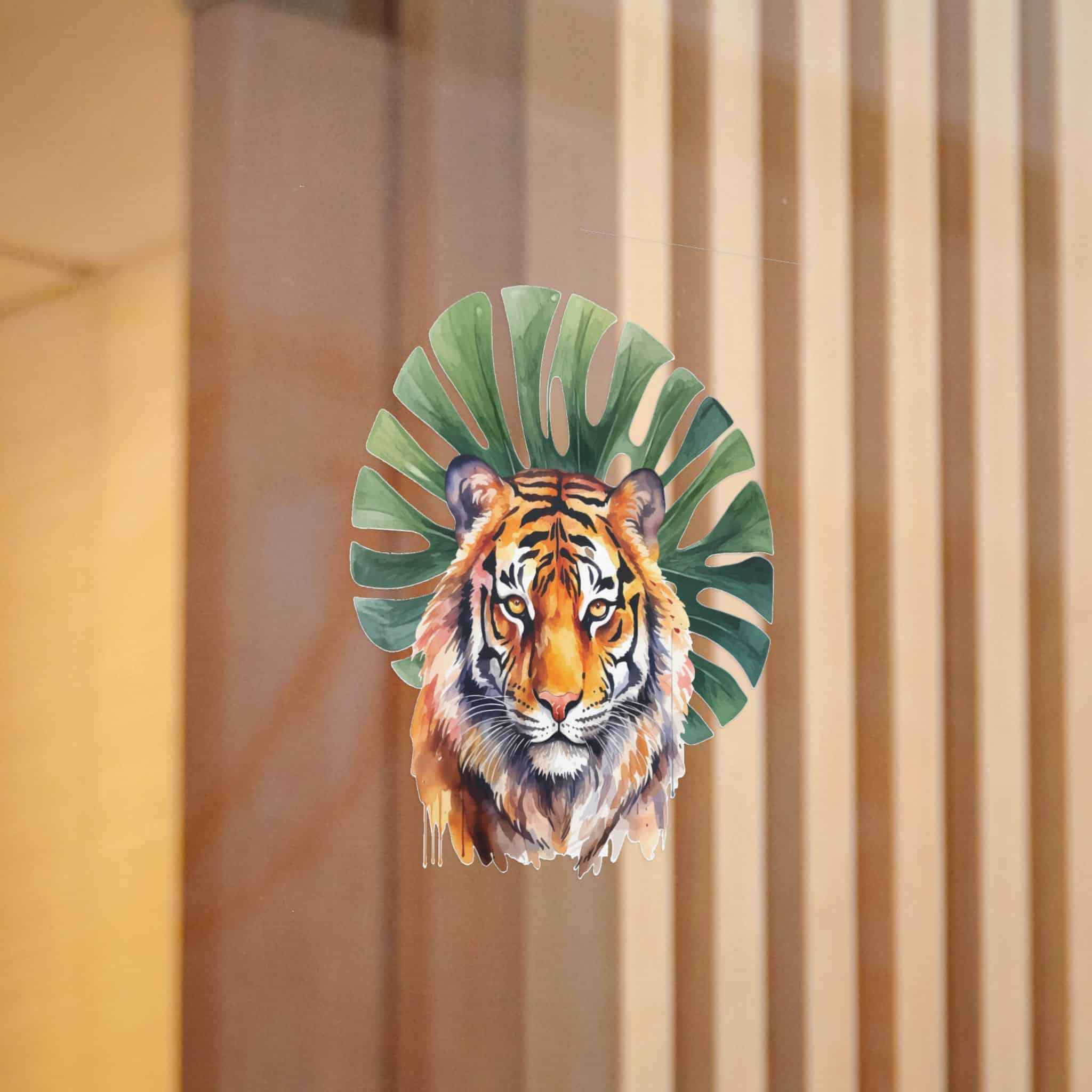 Watercolor Tiger With Green Tropical Leaves Animal Illustration Die Cut Stickers Dtf - Image 12