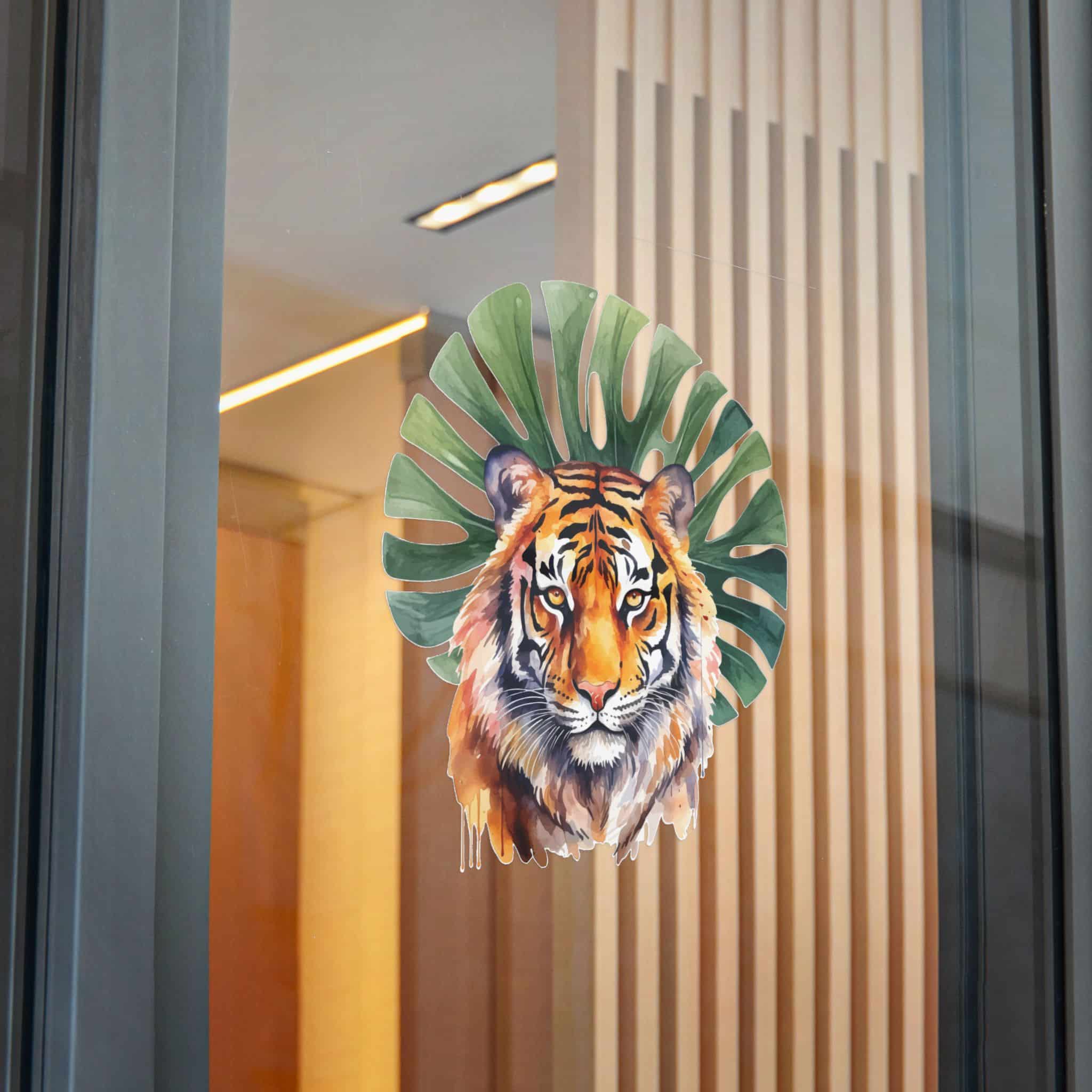 Watercolor Tiger With Green Tropical Leaves Animal Illustration Die Cut Stickers Dtf - Image 32