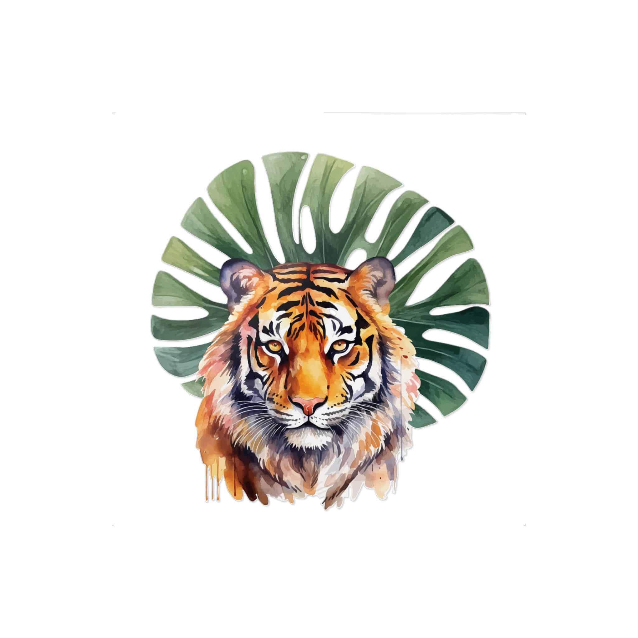 Watercolor Tiger With Green Tropical Leaves Animal Illustration Die Cut Stickers Dtf - Image 25