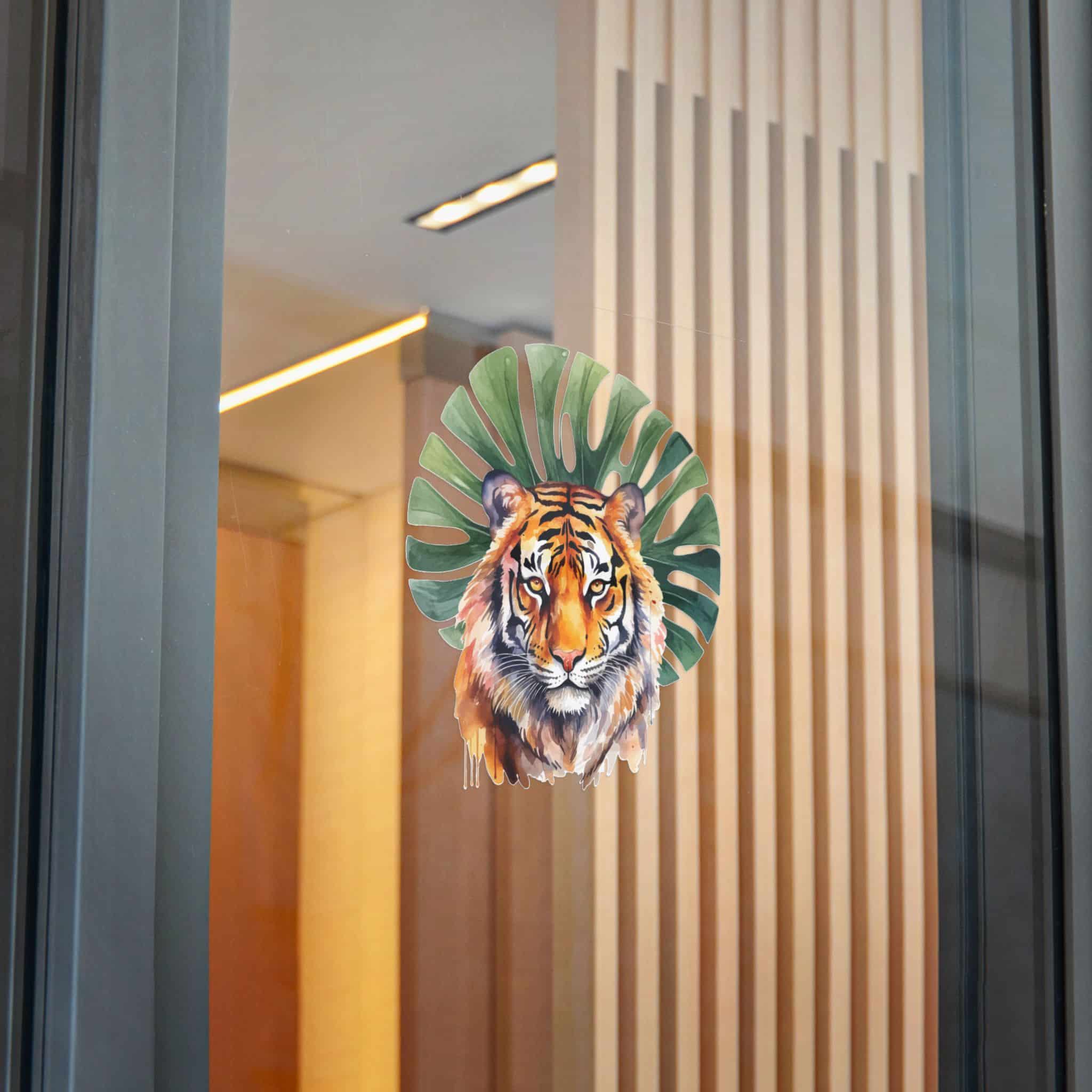 Watercolor Tiger With Green Tropical Leaves Animal Illustration Die Cut Stickers Dtf - Image 28