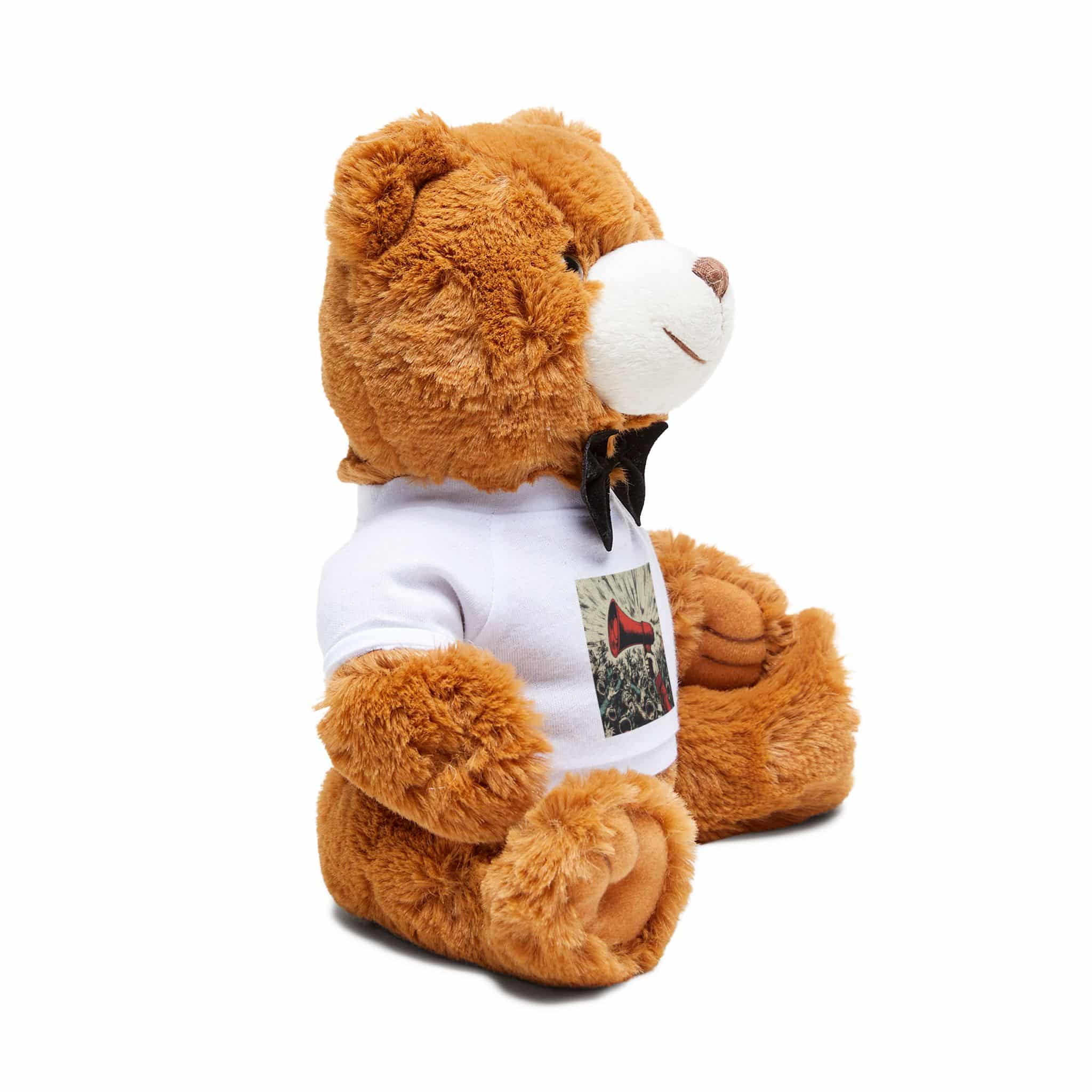 Person Using Megaphone Announce Sale Surrounded By Chaotic Crowd Teddy Bear With T Shirt - Image 2