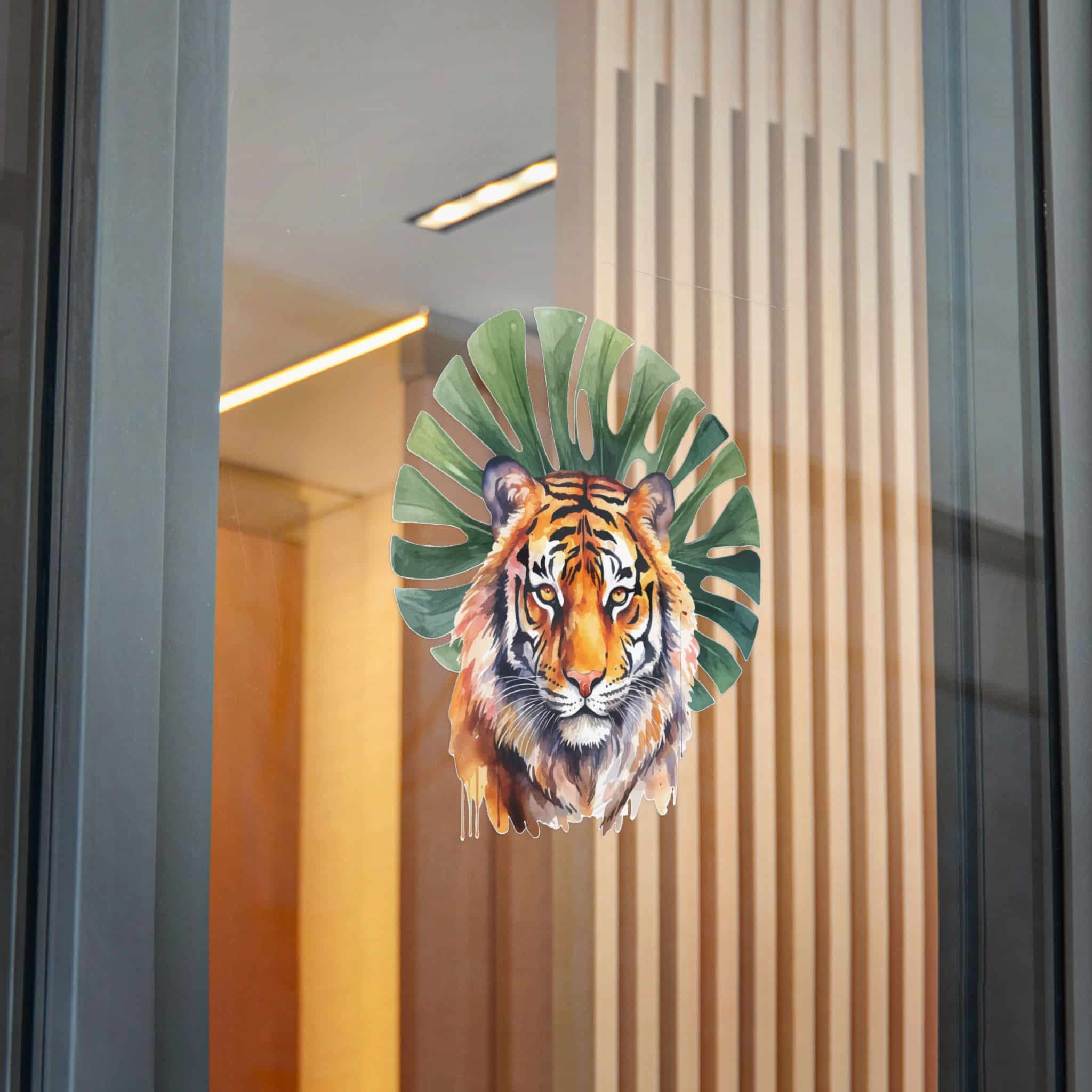 Watercolor Tiger With Green Tropical Leaves Animal Illustration Die Cut Stickers Dtf - Image 30