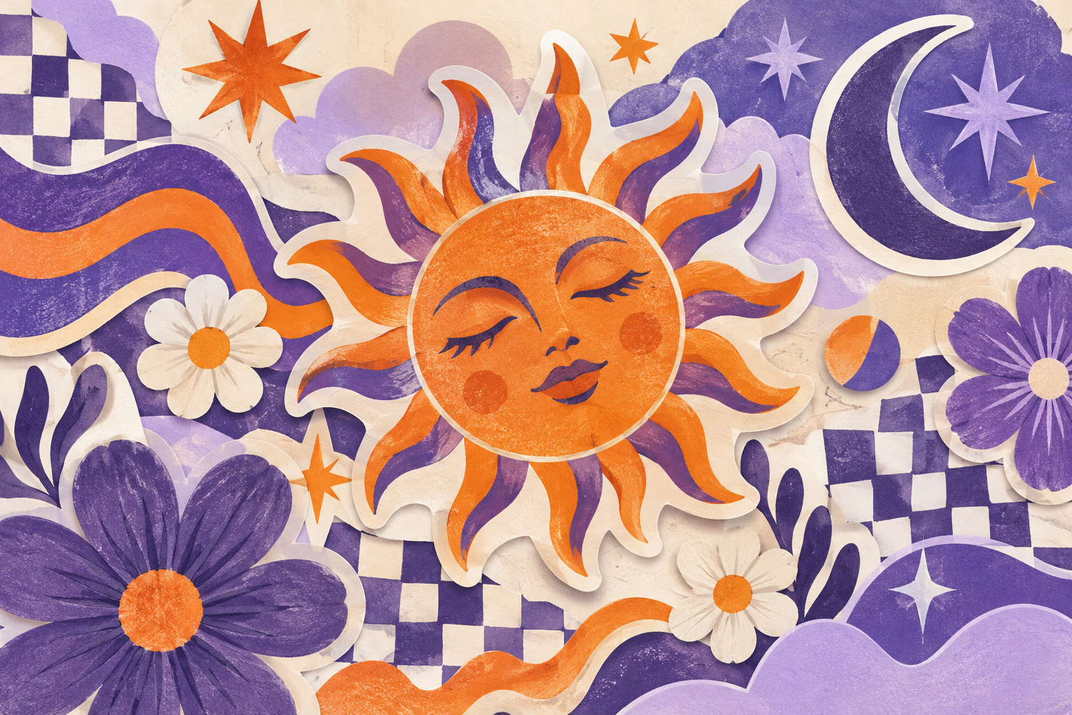 layered die-cut abstract stickers, stars, flowers and checkerboard, violet and tangerine on cream, no letters
